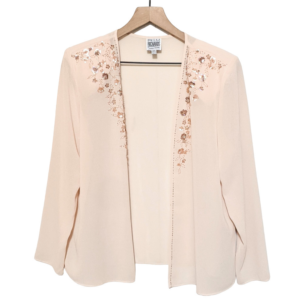 R&M Richards by Karen Kwong Womens Sheer Embellished Jacket Size 12P Light Pink